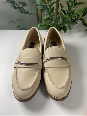 Cream Leather Penny Loafers with Silver Bit